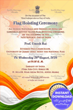 Flowing Tricolour Flag Hoisting Ceremony Invitation with Ashoka Chakra, National Emblem