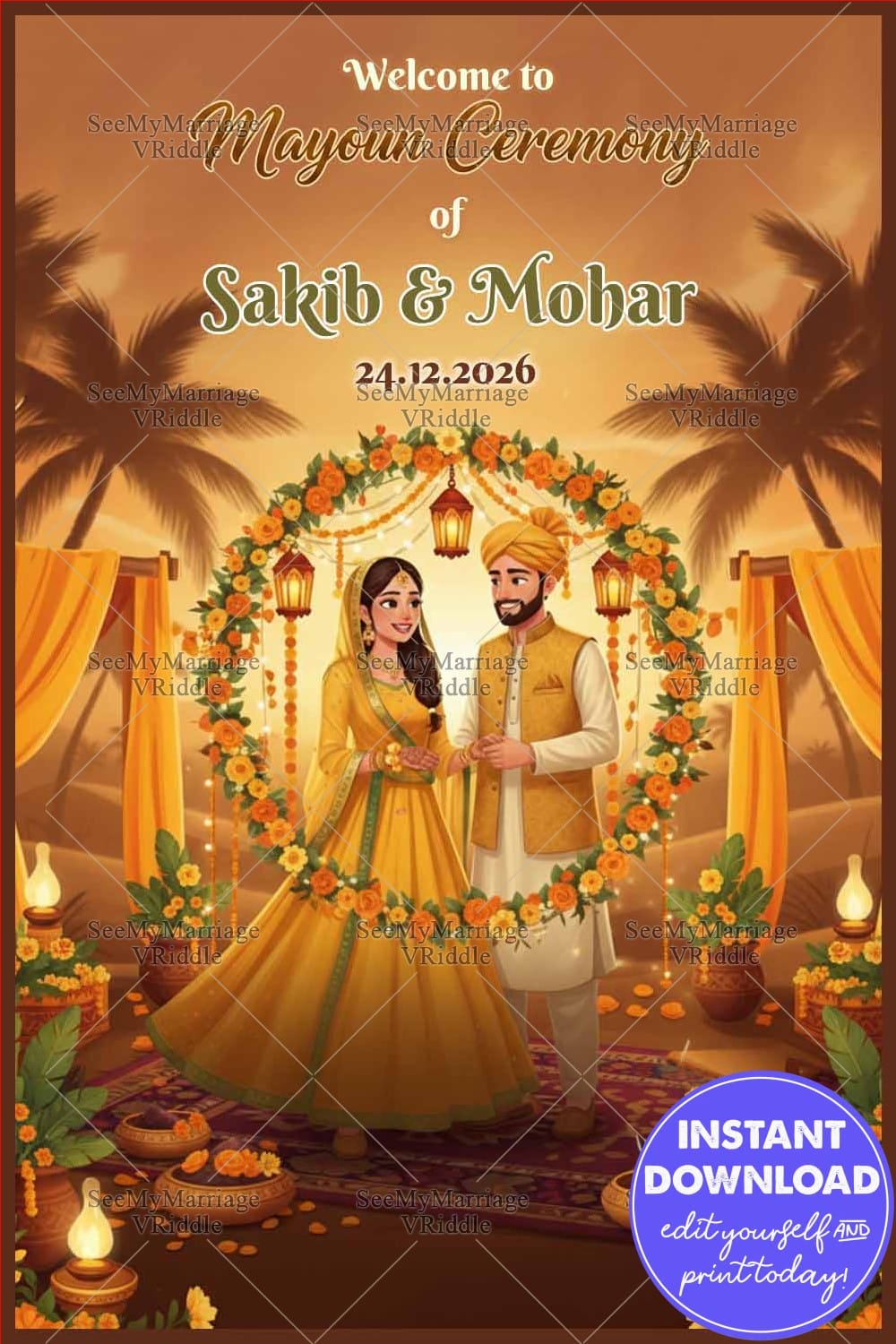 Golden Mayoun Ceremony Welcome Banner with Hanging Lanterns, Flowing Yellow Drapes & Serene Palm Sunset Backdrop