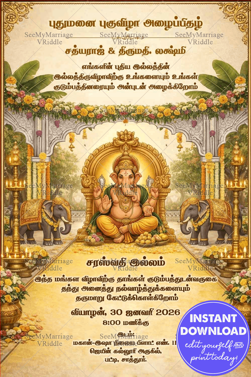 Golden Tamil Housewarming Invitation Card with Lord Ganesha, Floral Mandap Arch and Sacred Elephant Motifs