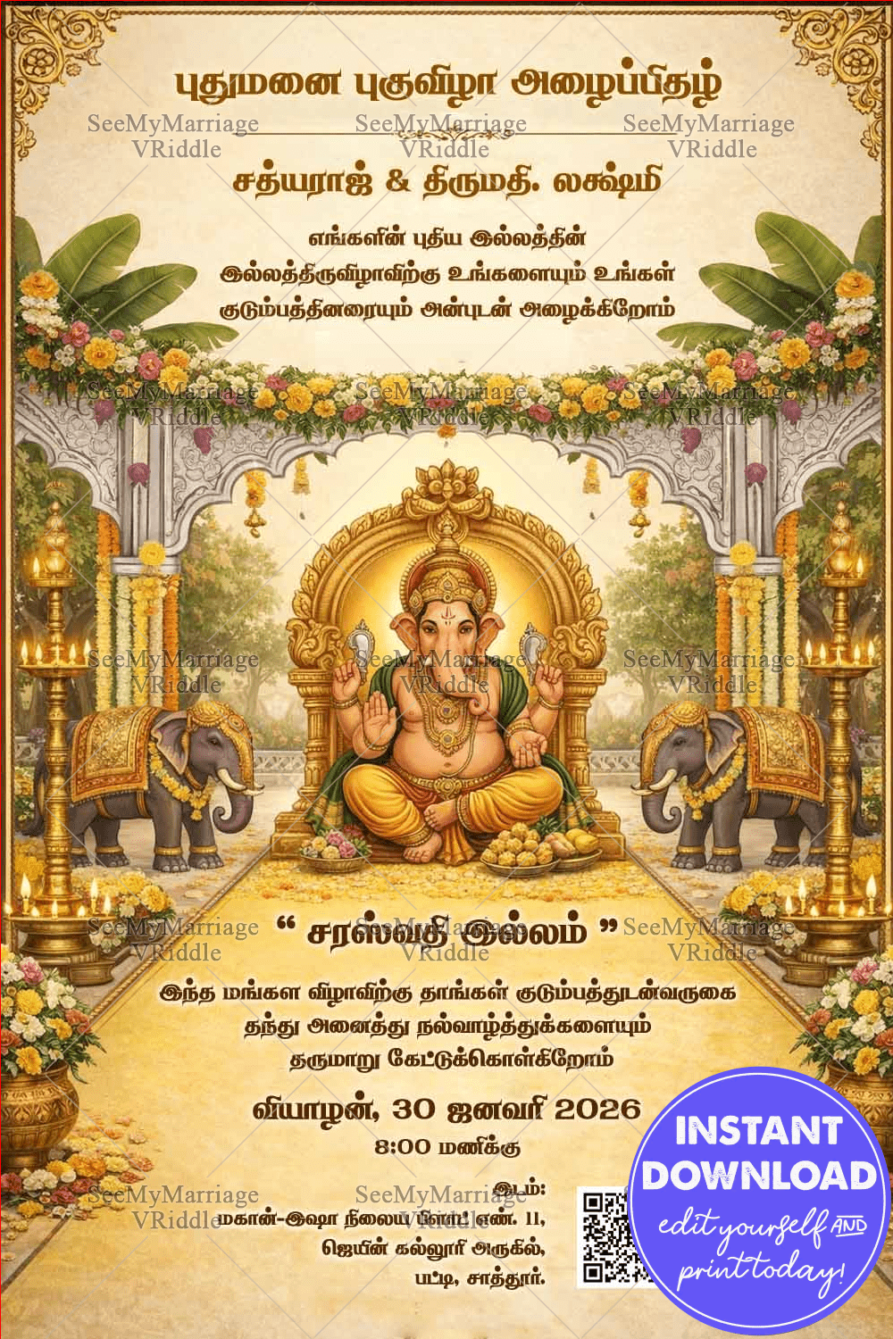 Golden Tamil Housewarming Invitation Card with Lord Ganesha, Floral Mandap Arch and Sacred Elephant Motifs