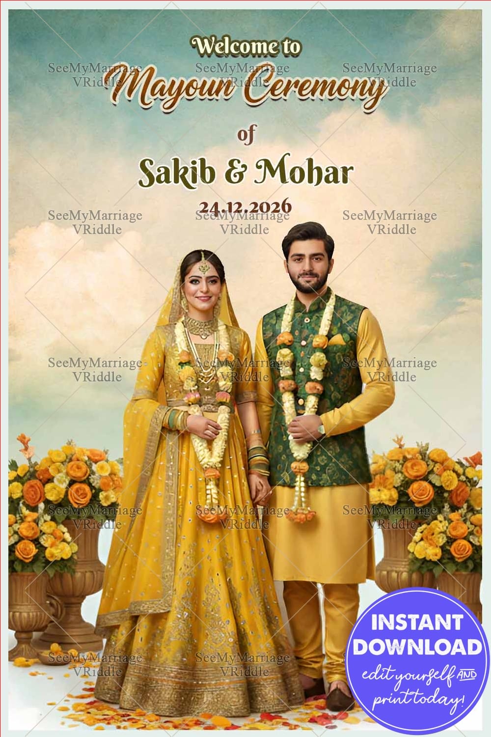 Graceful Mayoun Ceremony Welcome Banner with Realistic Couple Portrait in Mustard-Green Attire and Marigold Floral Arrangements