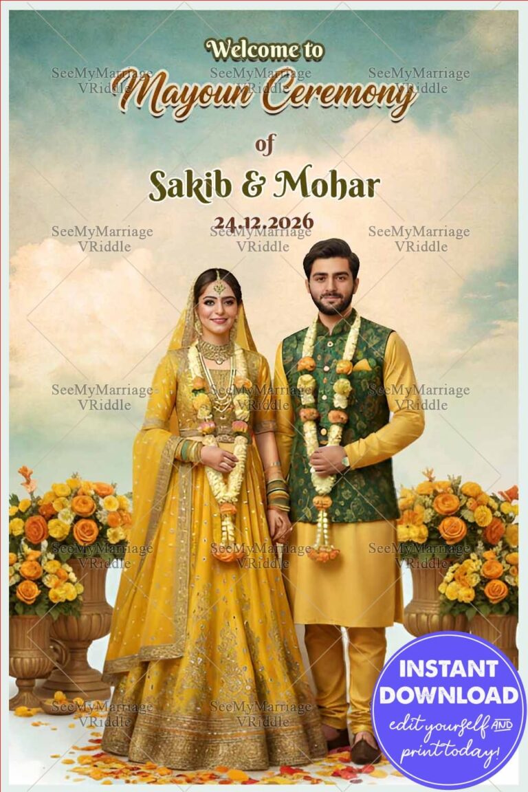 Graceful Mayoun Ceremony Welcome Banner with Realistic Couple Portrait in Mustard-Green Attire and Marigold Floral Arrangements