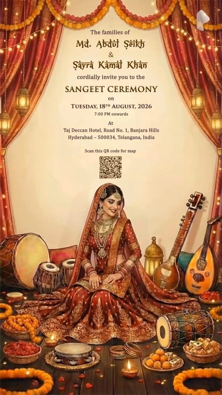 Grand Royal Islamic Sangeet Ceremony Invitation Video with Bridal Illustration in Deep Red Lehenga and Musical Instruments