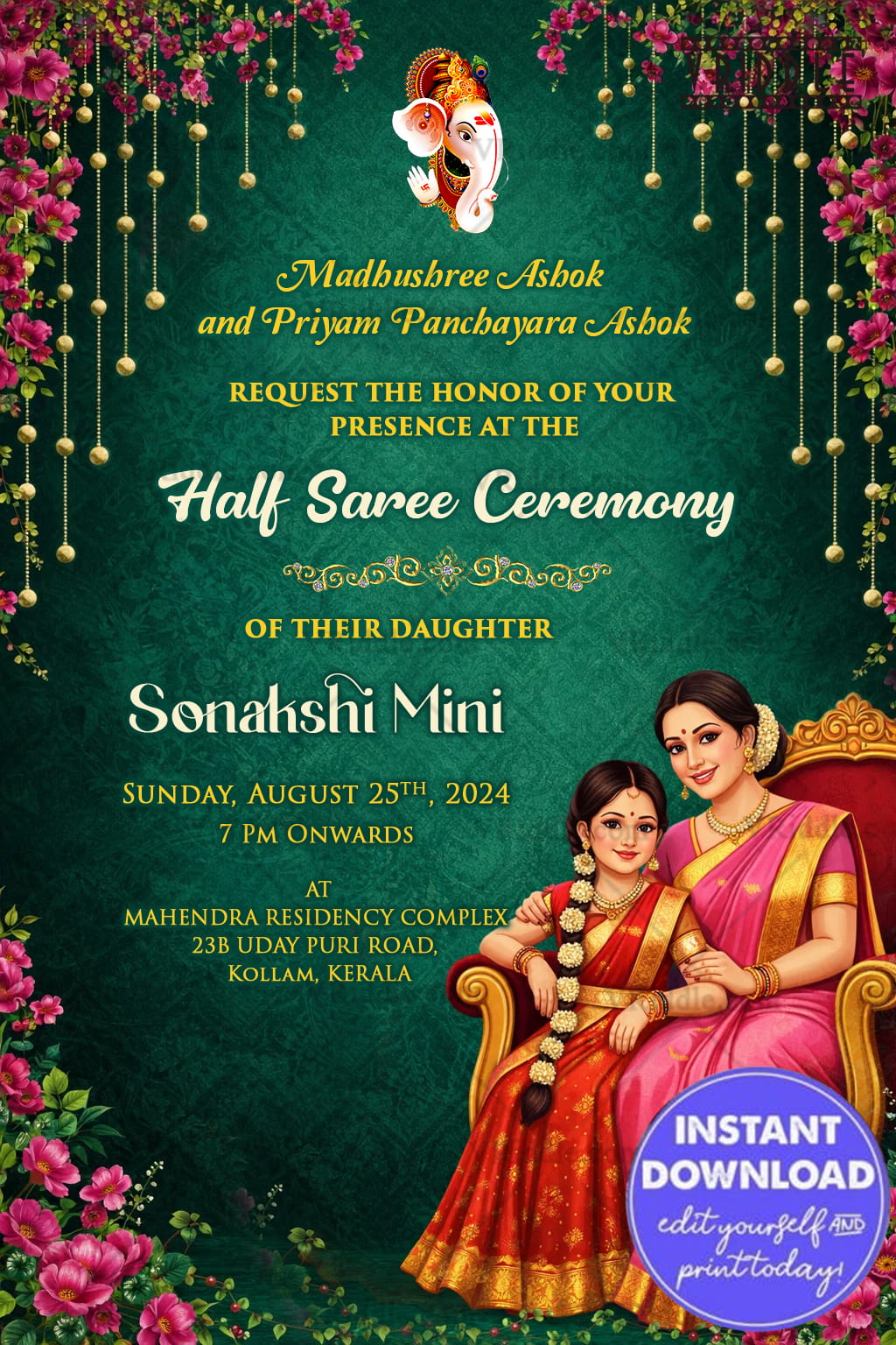 Green Halfsaree Ceremony Invitation with Floral Drapes, Ganesha Blessings & Elegant Mother–Daughter Illustration