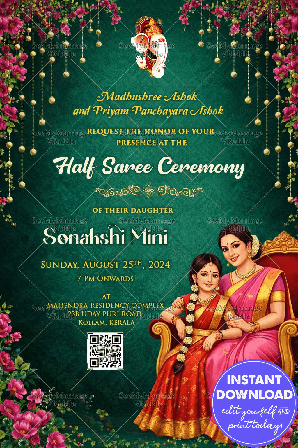 Green Halfsaree Ceremony Invitation with Floral Drapes, Ganesha Blessings & Elegant Mother–Daughter Illustration