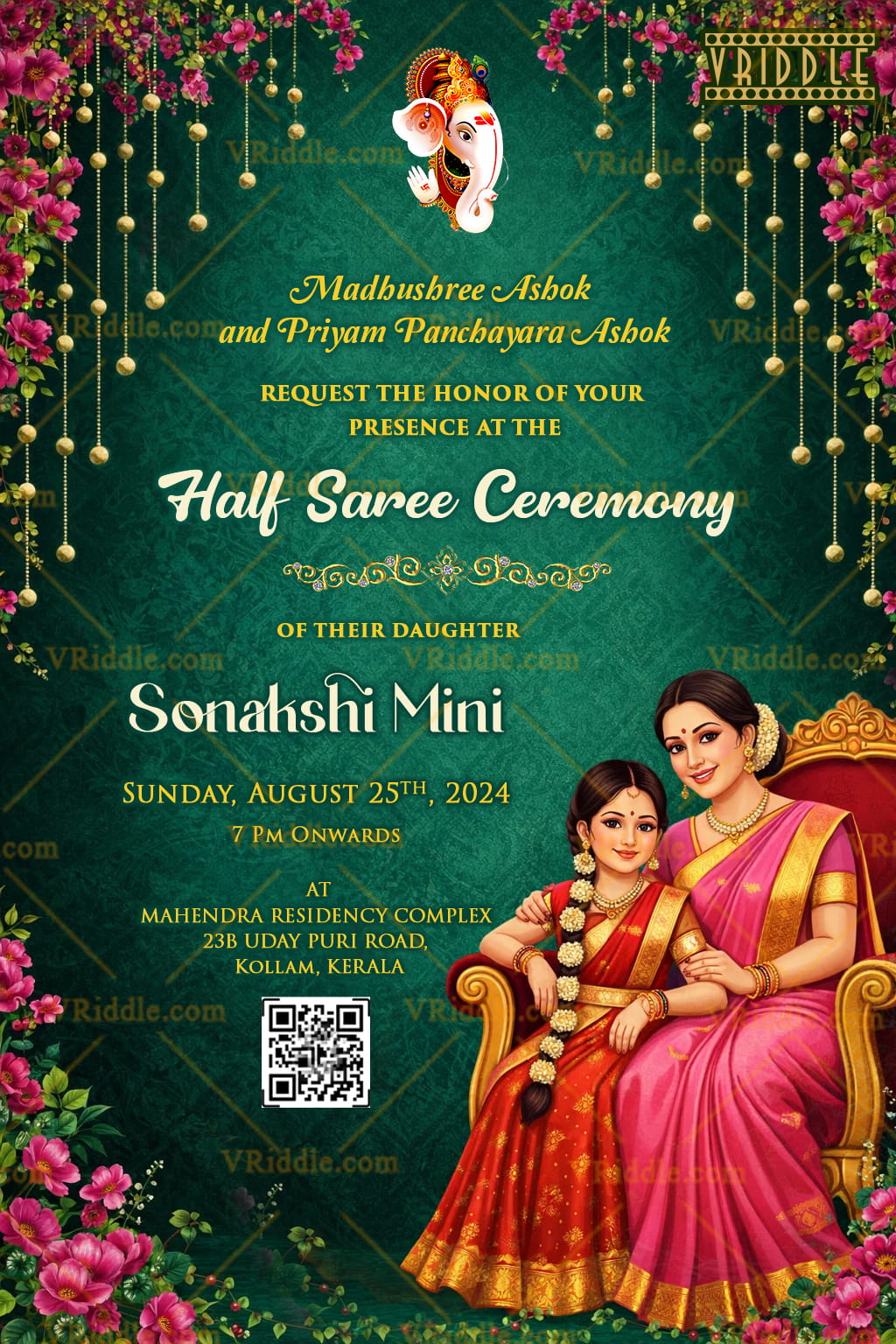 Green Halfsaree Ceremony Invitation with Floral Drapes, Ganesha Blessings & Elegant Mother–Daughter Illustration