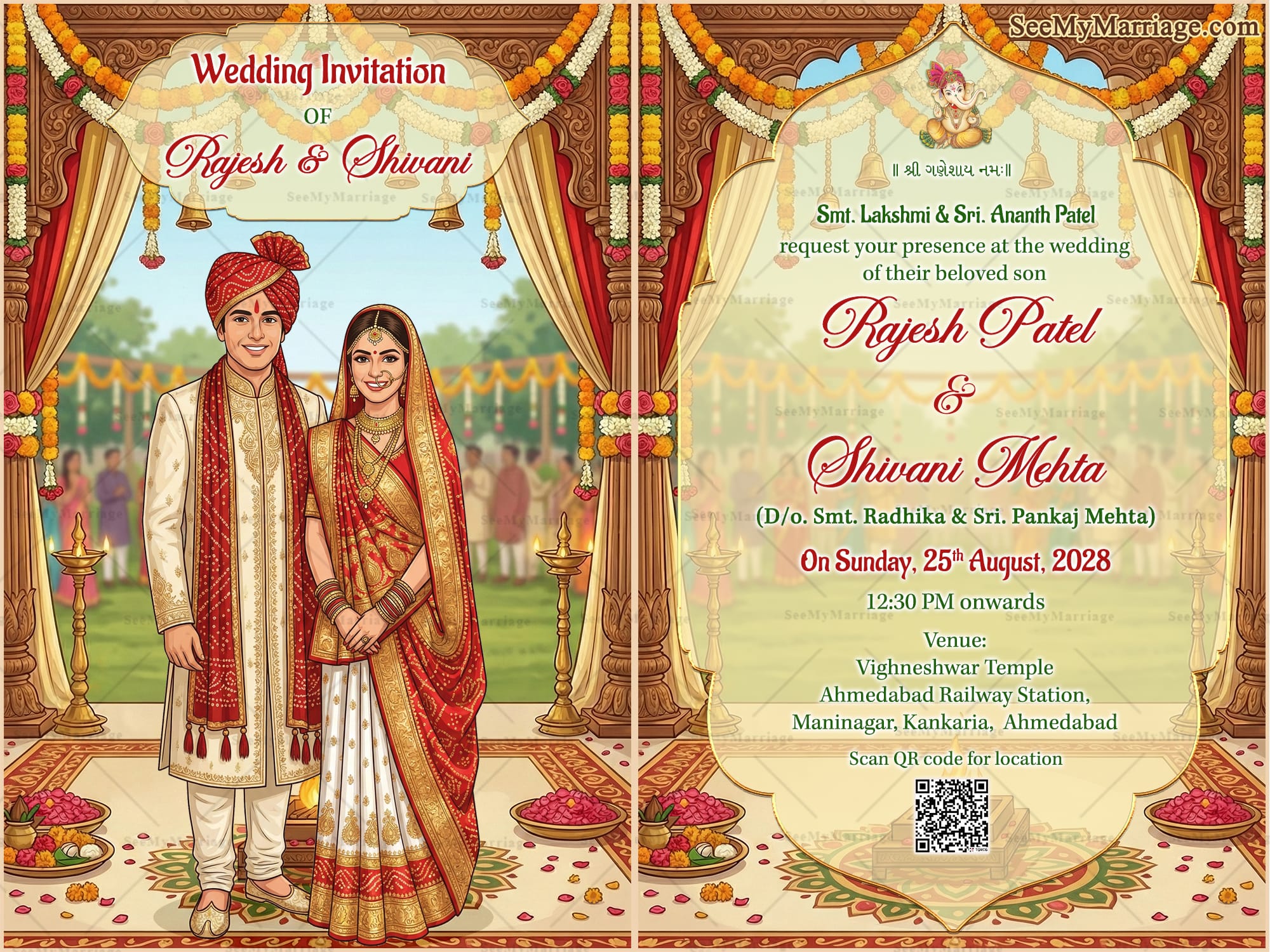 Two Leaf Gujarati Wedding Invitation Card with Royal Indian Bride–Groom Illustration in Rich Red and Gold Attire