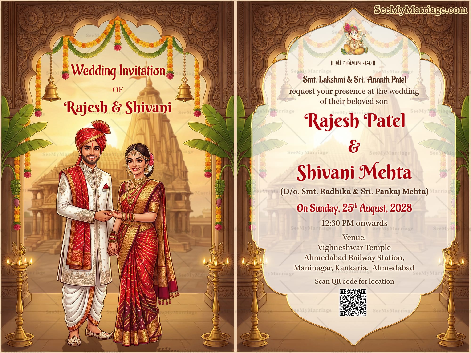 Gujarati Wedding Invitation Card with Bride and Groom Standing Before a Grand Temple Backdrop
