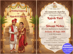 Gujarati Wedding Invitation Card with Bride and Groom Standing Before a Grand Temple Backdrop