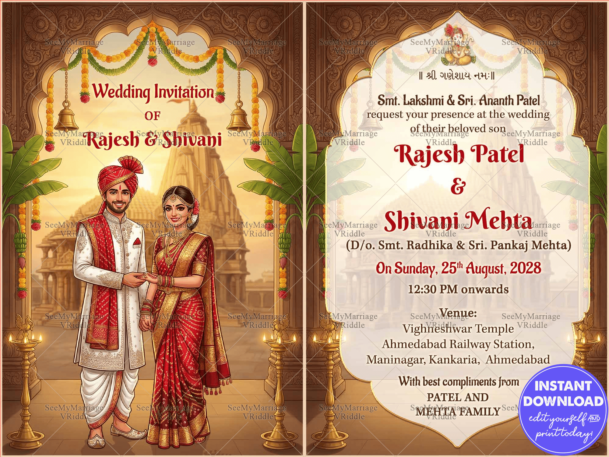 Gujarati Wedding Invitation Card with Bride and Groom Standing Before a Grand Temple Backdrop