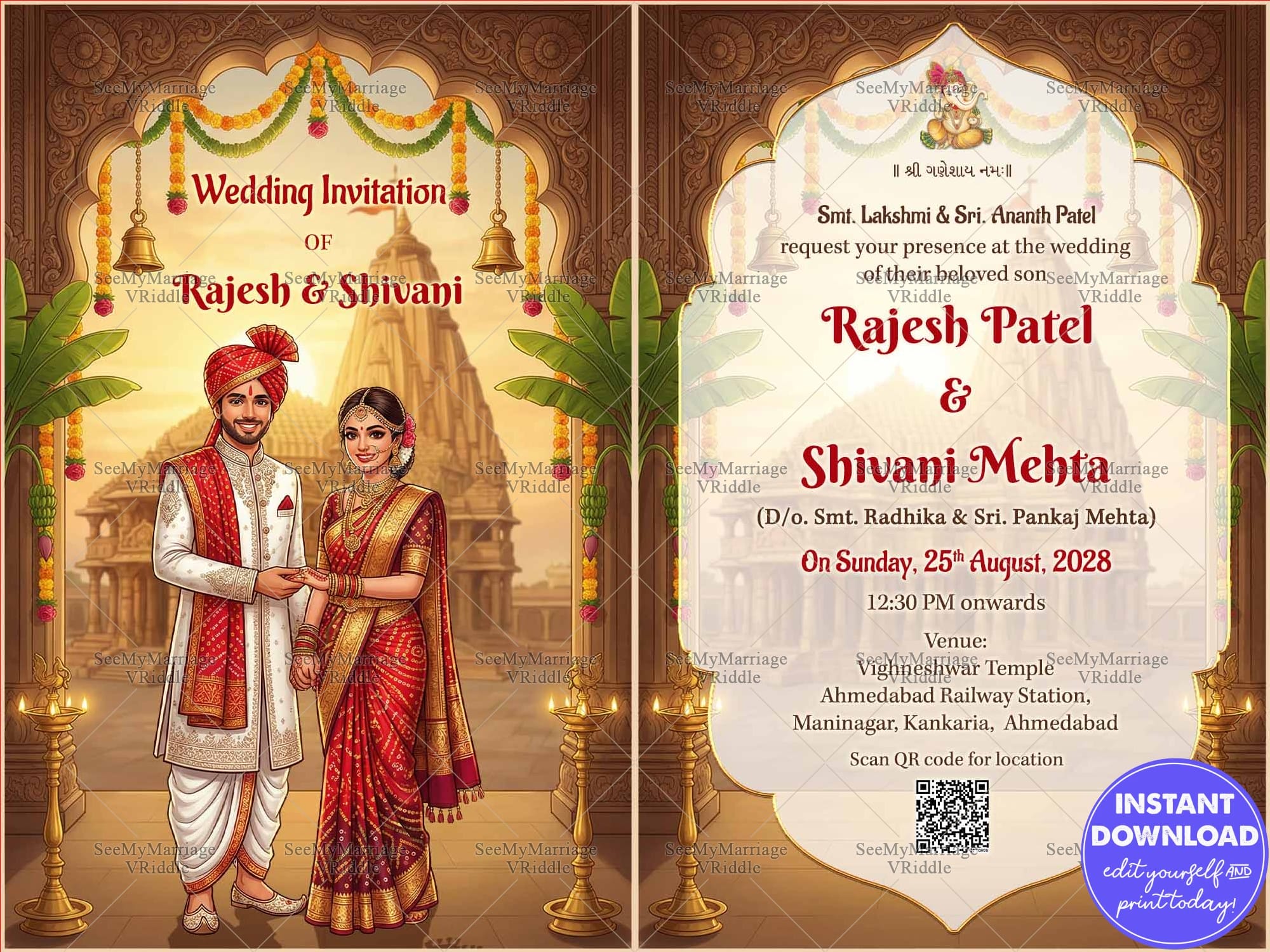 Gujarati Wedding Invitation Card with Bride and Groom Standing Before a Grand Temple Backdrop