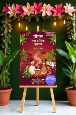 Family Celebration Marathi Pongal Banner Card with Boiling Rice Ritual, Decorated Village Hut and Sugarcane Frames