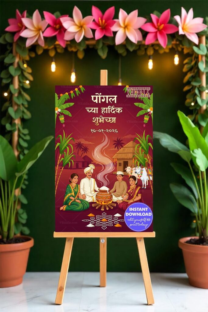 Family Celebration Marathi Pongal Banner Card with Boiling Rice Ritual, Decorated Village Hut and Sugarcane Frames