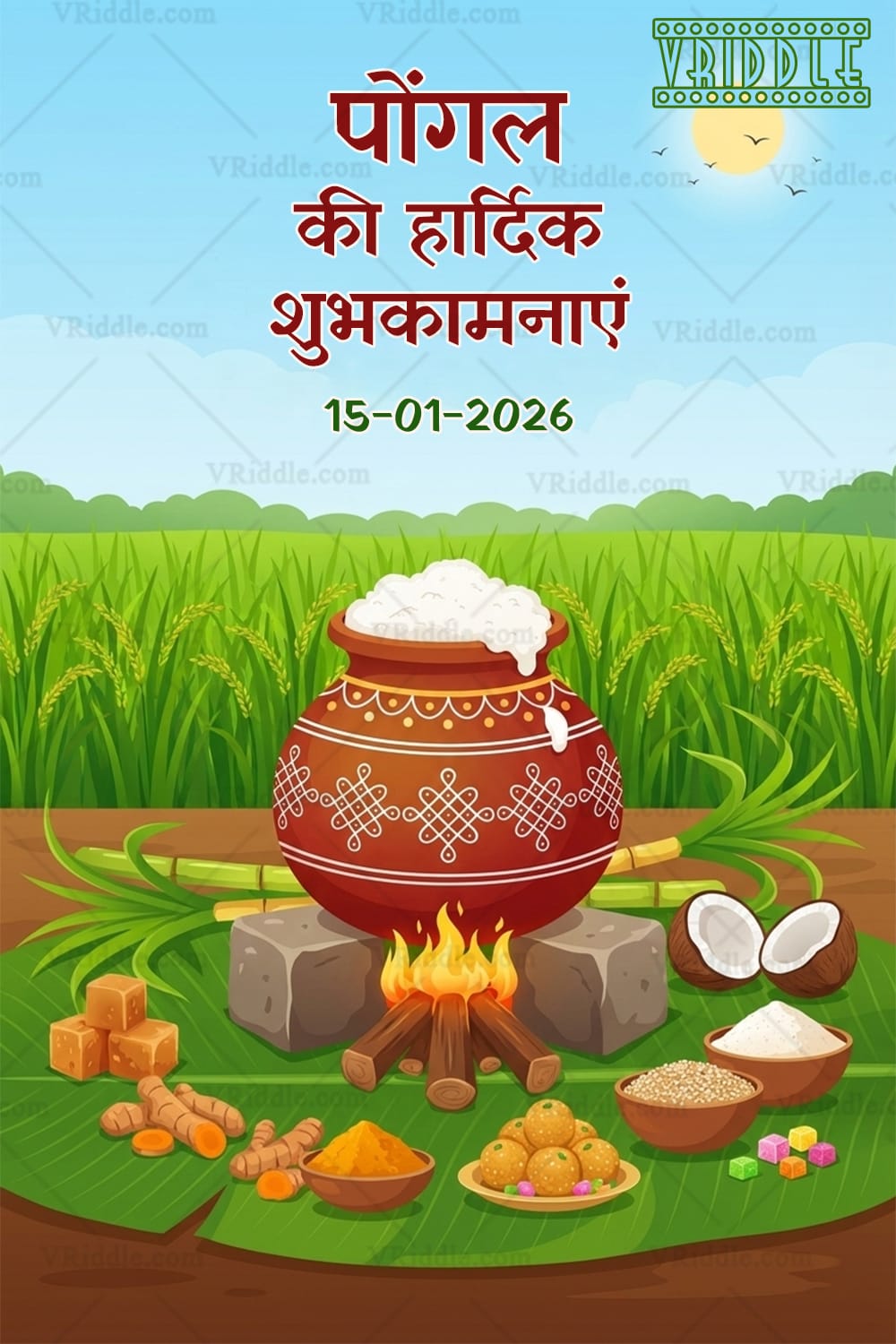 Hindi Pongal Banner Card with Traditional Clay Pot, Boiling Rice Ritual and Sugarcane Fields