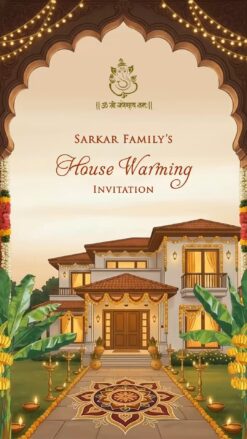 Indian Arch Traditional House Warming Invitation Video with Rangoli Entrance Pathway and Elegant Villa Illustration