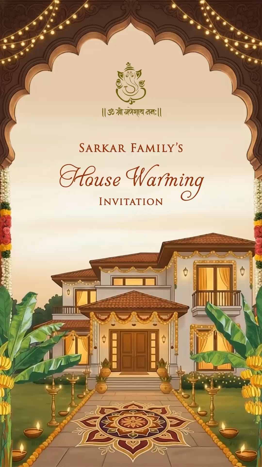 Indian Arch Traditional House Warming Invitation Video with Rangoli Entrance Pathway and Elegant Villa Illustration