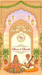 Jaipur Theme Save The Date Video with Royal Rajasthani Palace Illustration and Traditional Couple Portrait