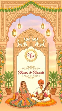Jaipur Theme Save The Date Video with Royal Rajasthani Palace Illustration and Traditional Couple Portrait