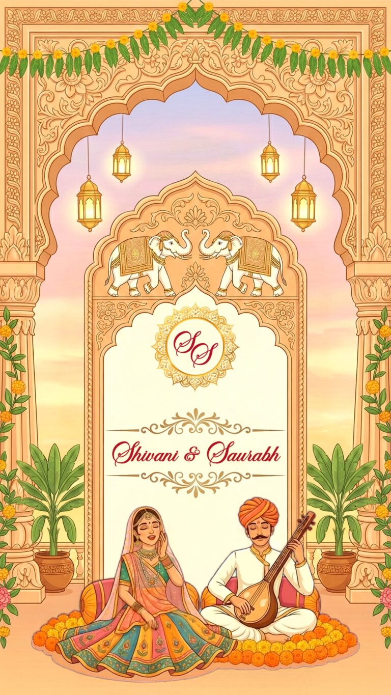 Jaipur Theme Save The Date Video with Royal Rajasthani Palace Illustration and Traditional Couple Portrait