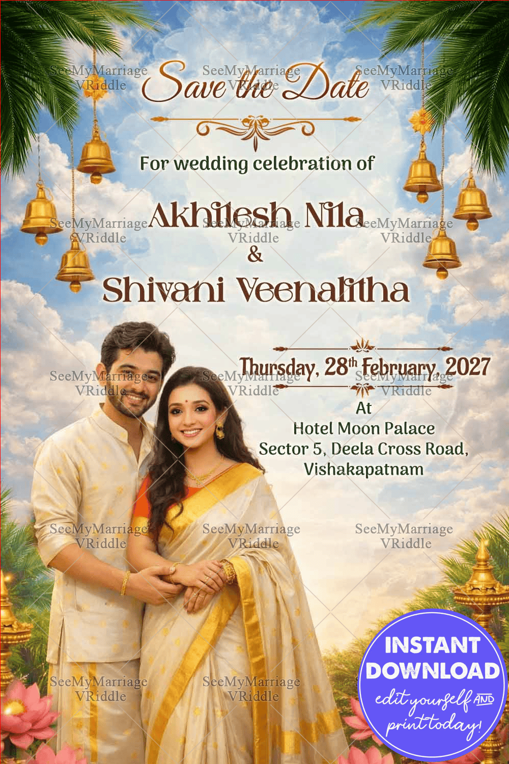 Kerala-Style Save the Date Card with Cloudy Sky Backdrop, Temple Bells, Lotus Accents & Traditional Couple Portrait