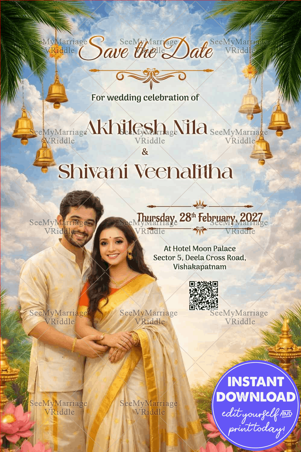 Kerala-Style Save the Date Card with Cloudy Sky Backdrop, Temple Bells, Lotus Accents & Traditional Couple Portrait