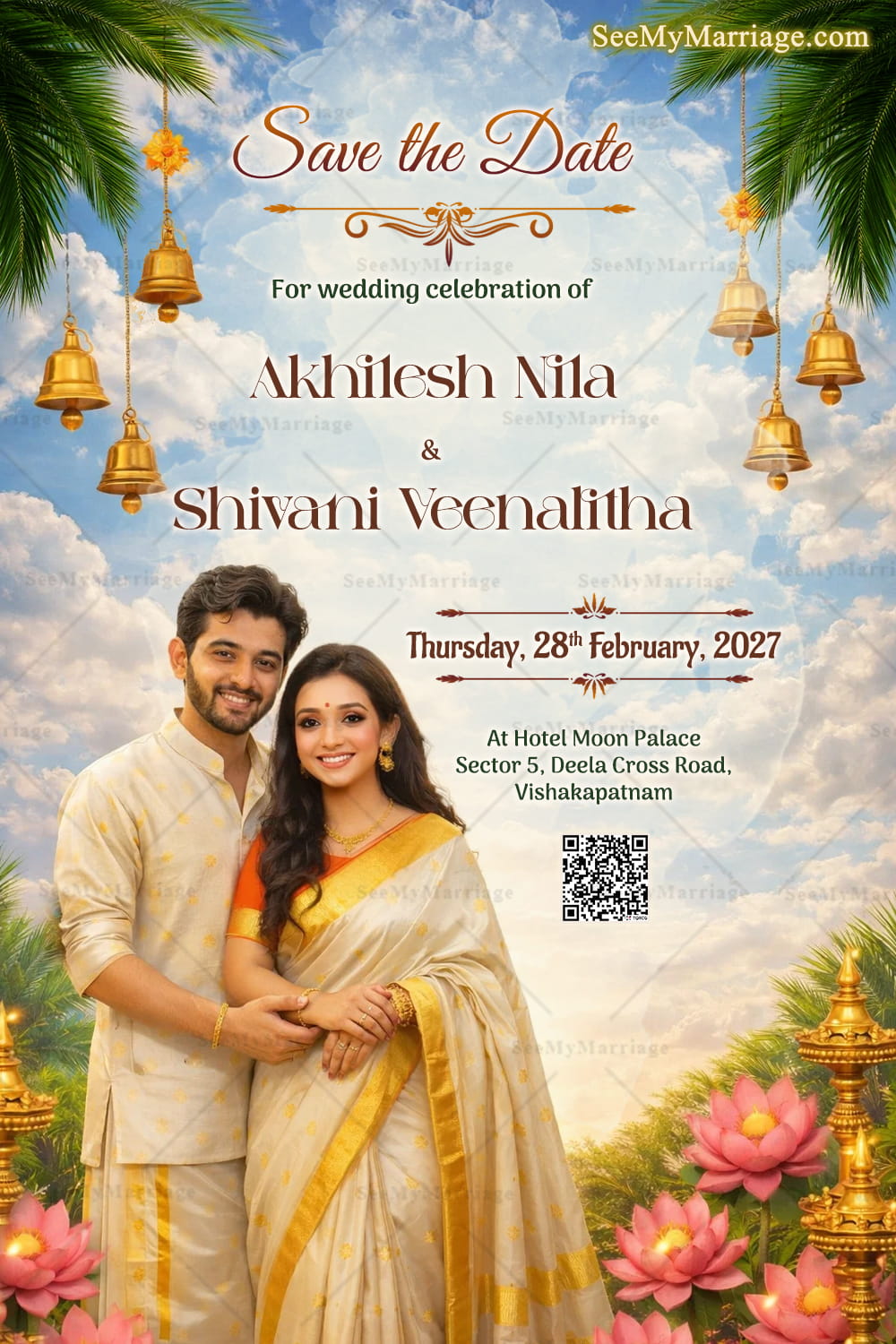 Kerala-Style Save the Date Card with Cloudy Sky Backdrop, Temple Bells, Lotus Accents & Traditional Couple Portrait