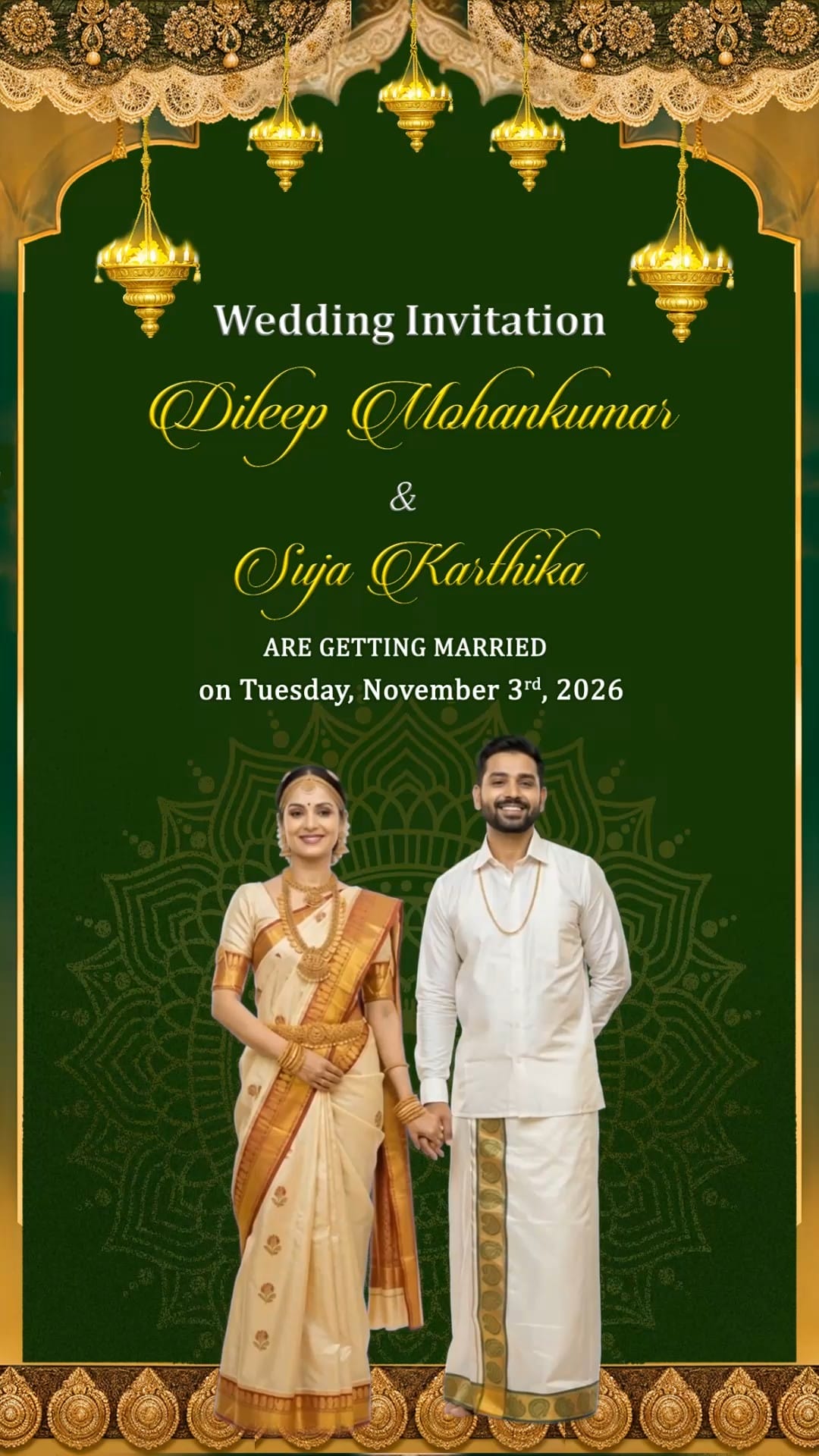 Kerala Wedding Invitation Video with Add Photo, Traditional Couple Portrait and Green Background