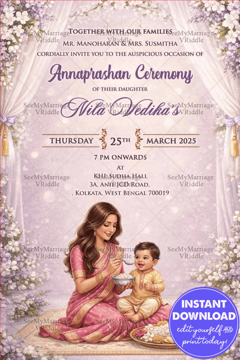 Lavender Annaprashan Ceremony Invitation with Mother & Baby Illustration, Soft Drapes and Floral Elegance