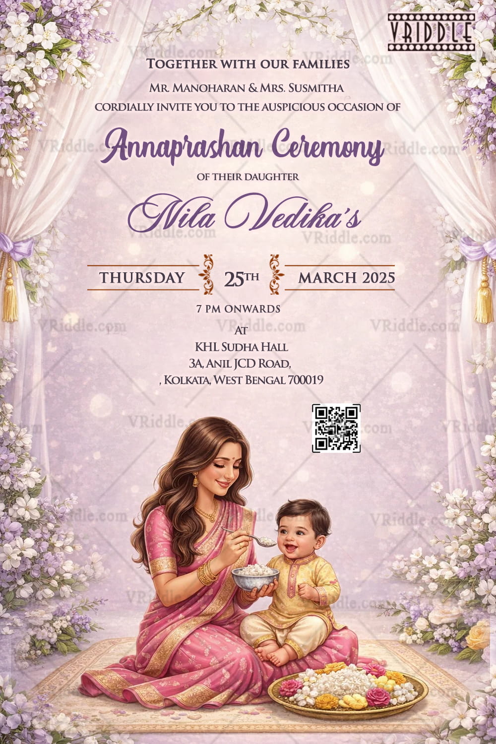 Lavender Annaprashan Ceremony Invitation with Mother & Baby Illustration, Soft Drapes and Floral Elegance