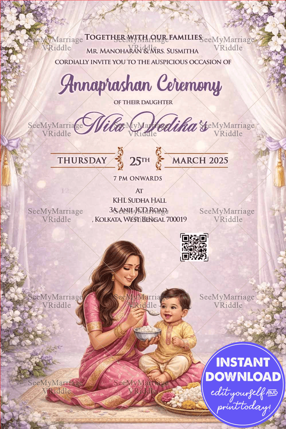 Lavender Annaprashan Ceremony Invitation with Mother & Baby Illustration, Soft Drapes and Floral Elegance