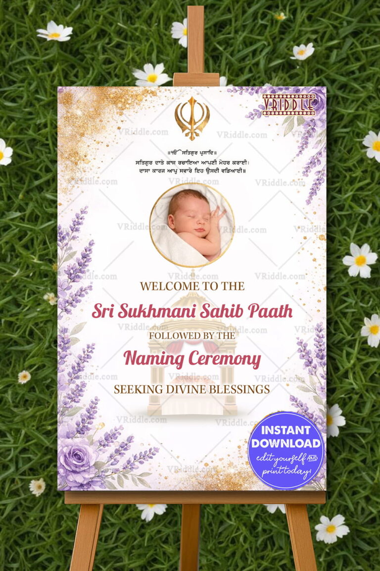 Lavender Sri Sukhmani Sahib Paath & Naming Ceremony Banner with Khanda Symbol, Baby Photo Frame, Soft Floral Accents and Elegant Pastel Touch