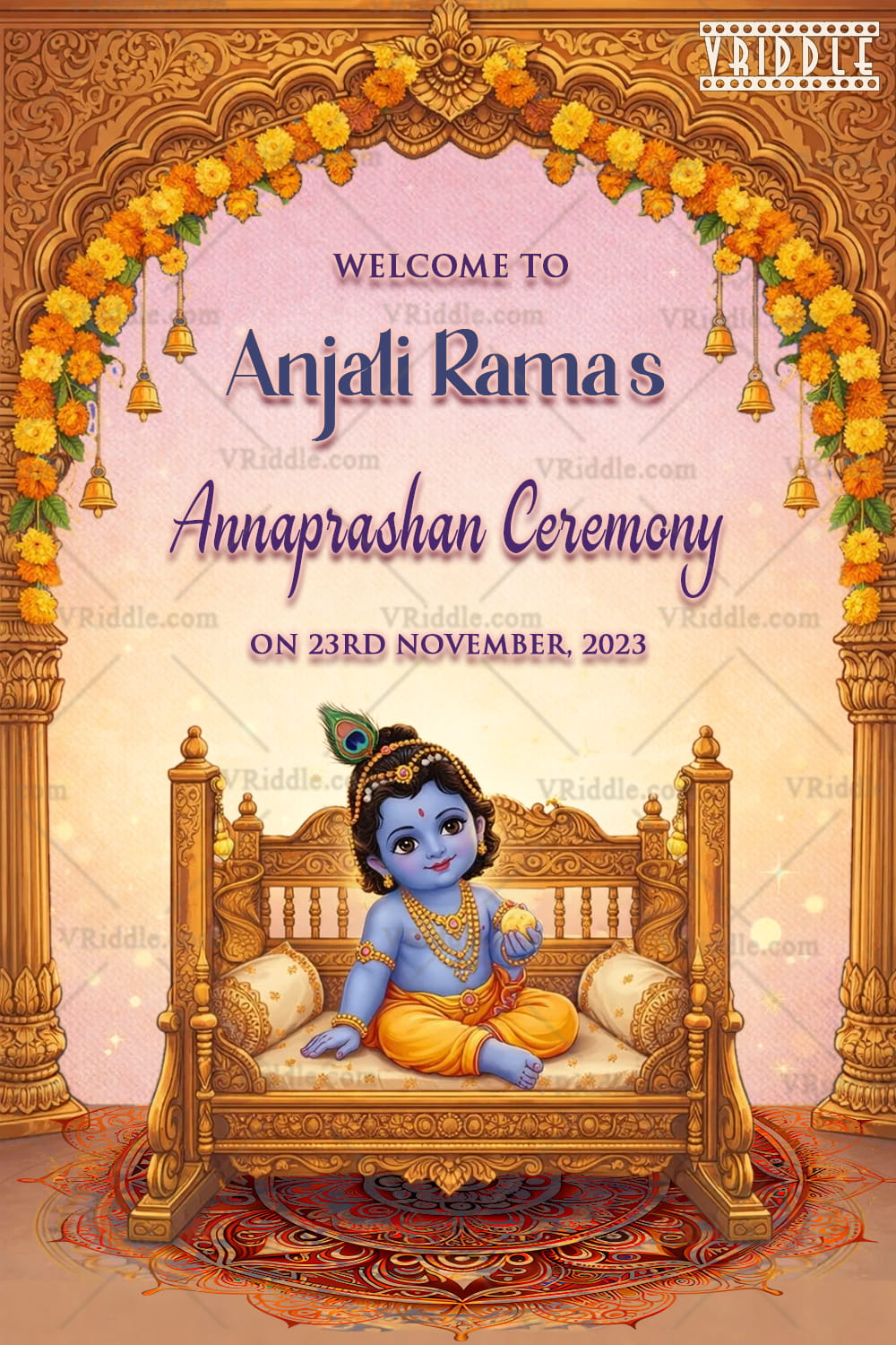 Little Krishna Annaprashan Invitation with Ornate Golden Arch, Floral Garlands & Divine Swing Illustration