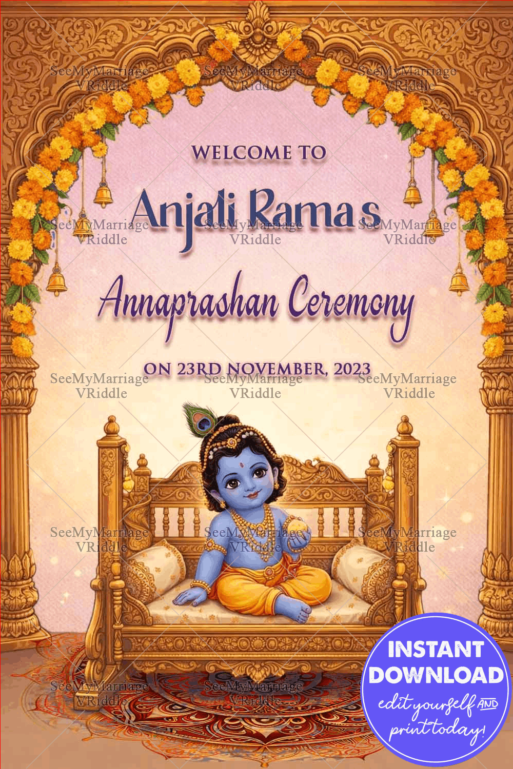 Little Krishna Annaprashan Invitation with Ornate Golden Arch, Floral Garlands & Divine Swing Illustration