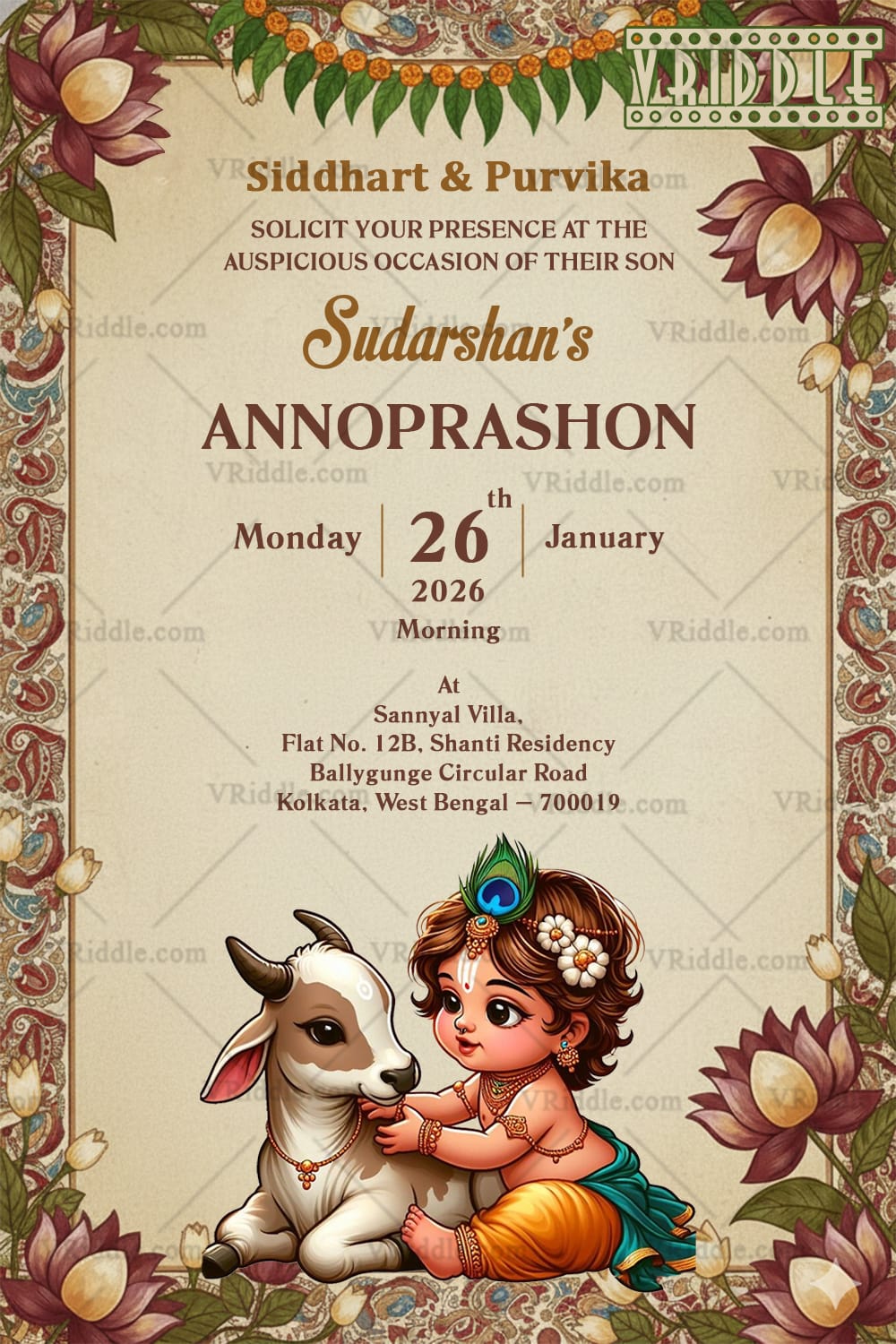 Little Krishna Annoprashon Invitation Card with Calf Illustration and Lotus Floral Frame