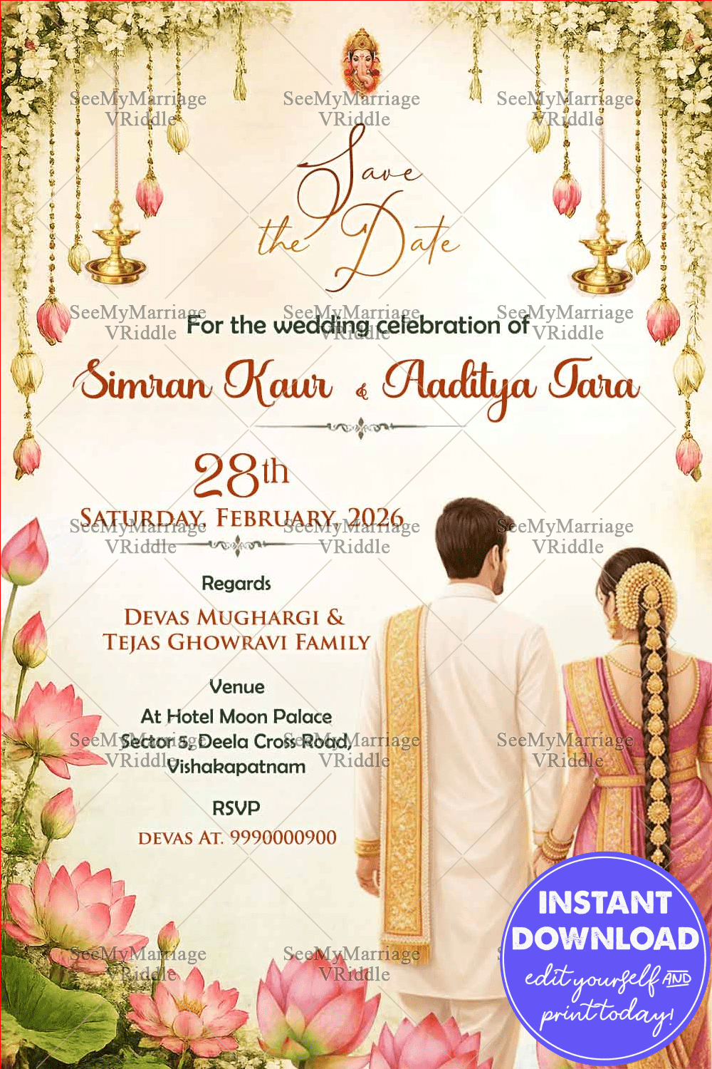 Lotus Save the Date Card with Traditional South Indian Wedding Couple, Hanging Diyas & Floral Accents
