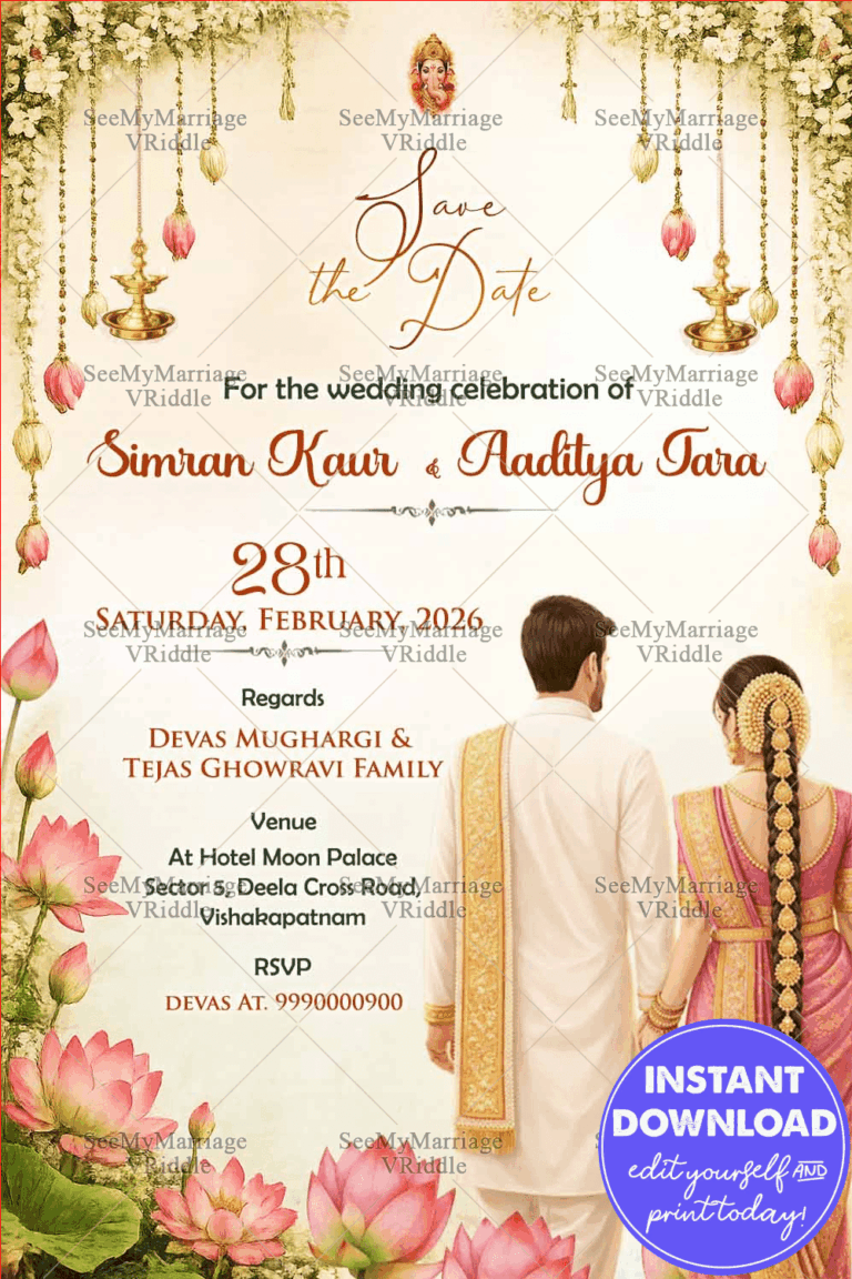 Lotus Save the Date Card with Traditional South Indian Wedding Couple, Hanging Diyas & Floral Accents