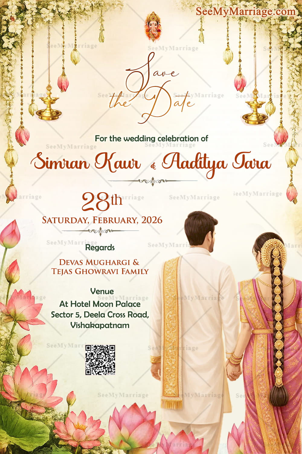 Lotus Save the Date Card with Traditional South Indian Wedding Couple, Hanging Diyas & Floral Accents