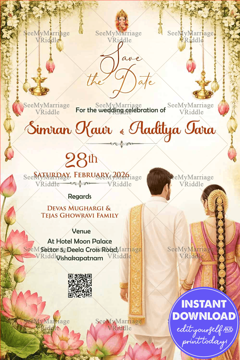 Lotus Save the Date Card with Traditional South Indian Wedding Couple, Hanging Diyas & Floral Accents
