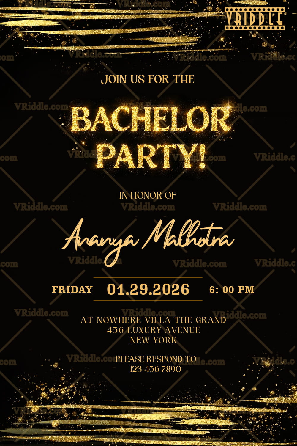 Luxury Black & Gold Bachelor Party Invitation with Glitter Typography, Gold Brush Strokes & Elegant Script Accents
