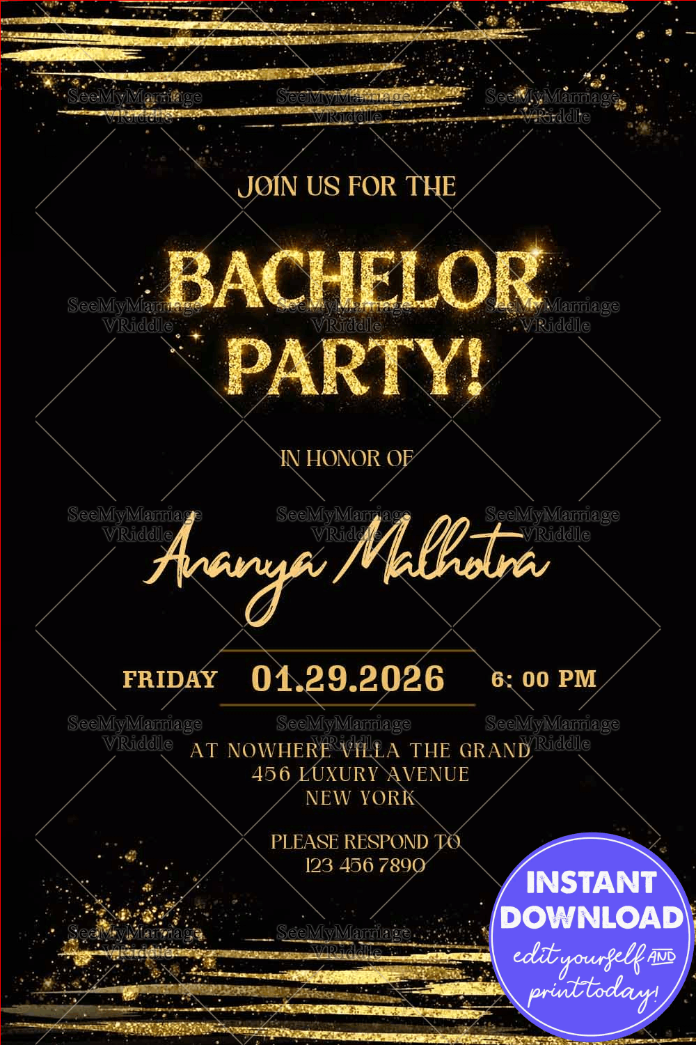 Luxury Black & Gold Bachelor Party Invitation with Glitter Typography, Gold Brush Strokes & Elegant Script Accents