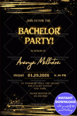 Luxury Black & Gold Bachelor Party Invitation with Glitter Typography, Gold Brush Strokes & Elegant Script Accents