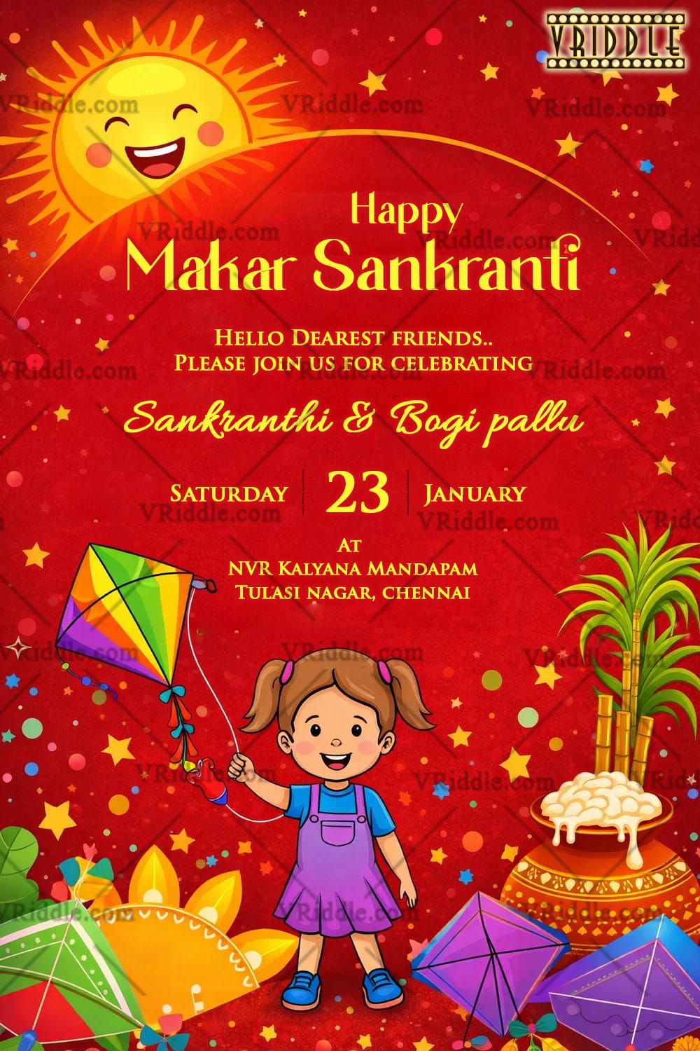 Makar Sankranti & Bogi Pallu Invitation Card with Smiling Sun, Colorful Kites, Playful Child Illustration