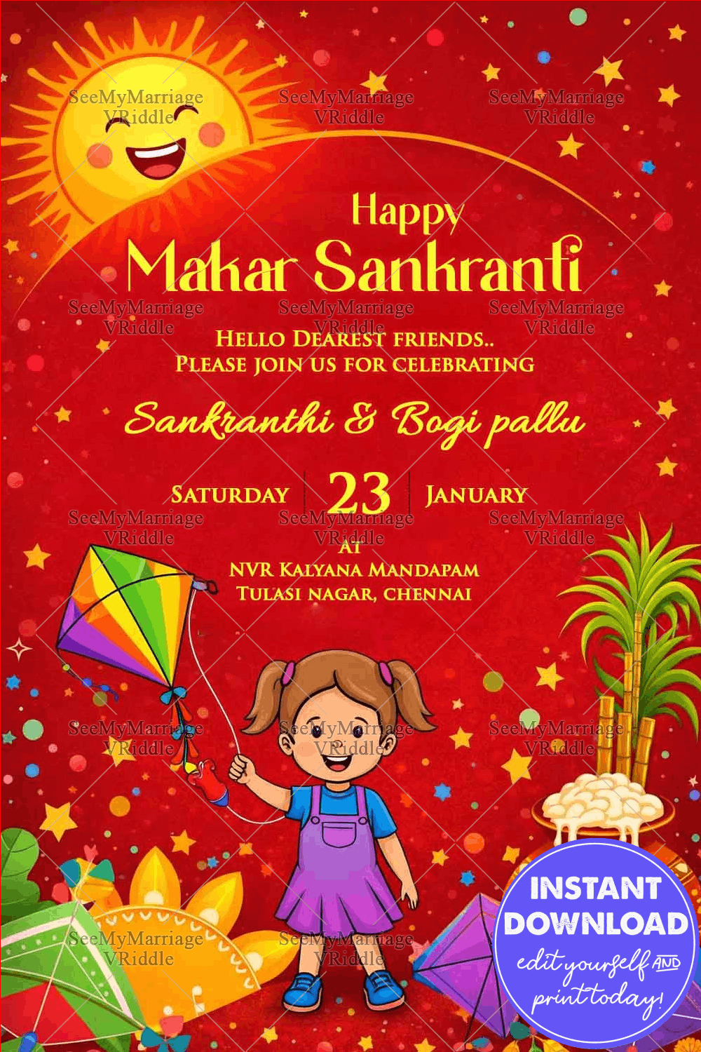 Makar Sankranti & Bogi Pallu Invitation Card with Smiling Sun, Colorful Kites, Playful Child Illustration