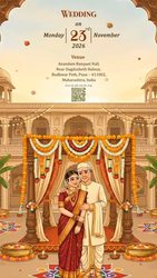 Marathi Theme Wedding Invitation Video with Palace Courtyard Mandap and Couple in Traditional Indian Attire