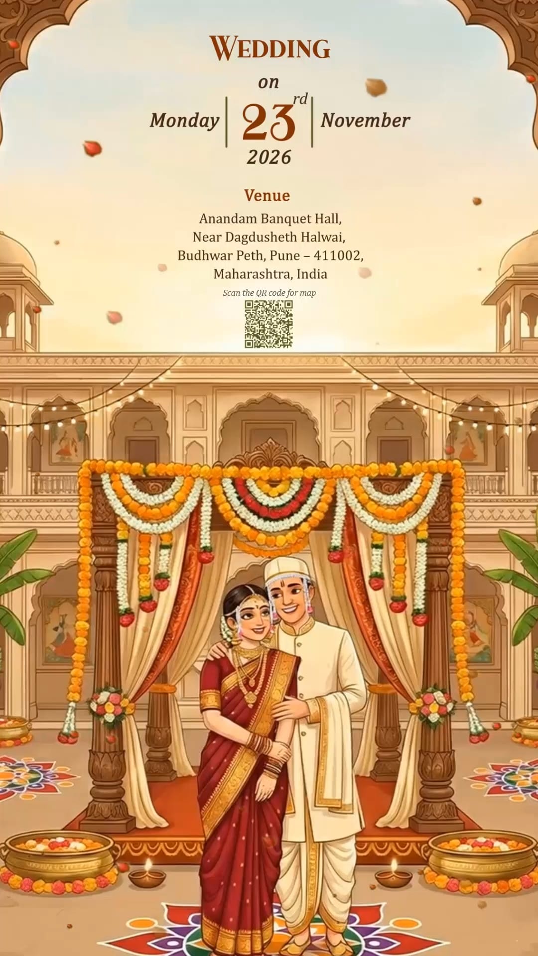 Marathi Theme Wedding Invitation Video with Palace Courtyard Mandap and Couple in Traditional Indian Attire