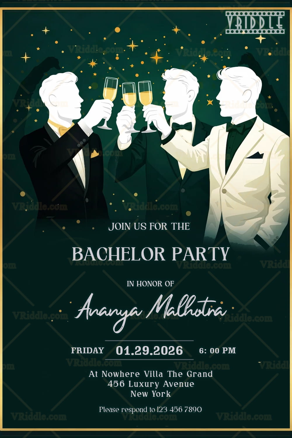 Midnight Green Bachelor Party Invitation with Tuxedo Gentlemen, Champagne Toast & Golden Sparkle Accents