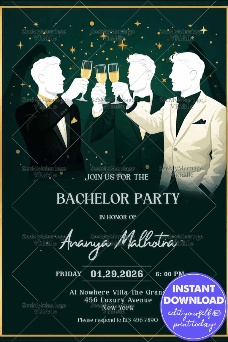 Midnight Green Bachelor Party Invitation with Tuxedo Gentlemen, Champagne Toast & Golden Sparkle Accents