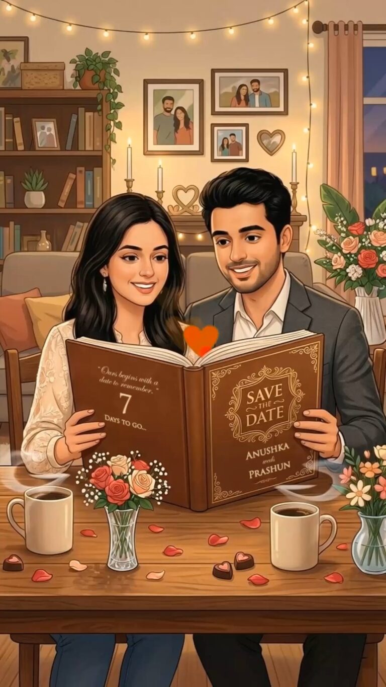 Pages of Promise The Save The Date Countdown Video with Loving Couple Reading a Personalized Love Story Book and Floral Accents