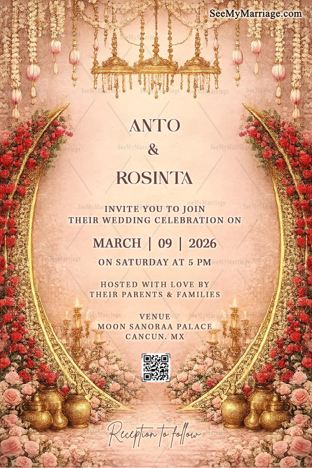 Pastel Wedding Invitation with Floral Archway, Golden Chandeliers & Romantic Rose Decoration
