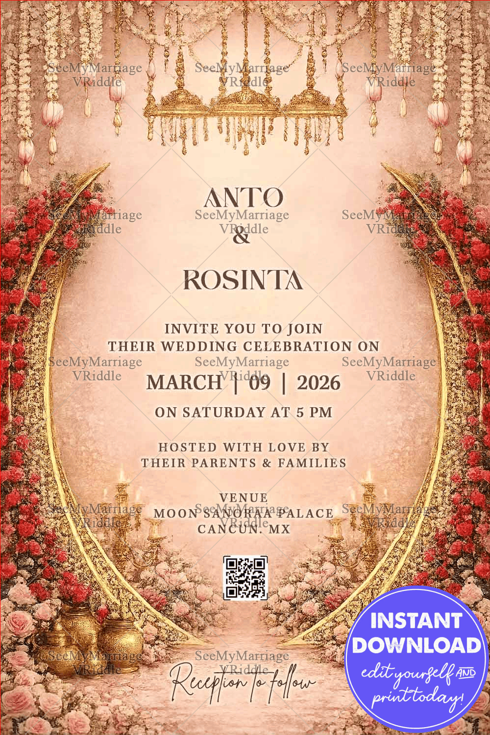 Pastel Wedding Invitation with Floral Archway, Golden Chandeliers & Romantic Rose Decoration